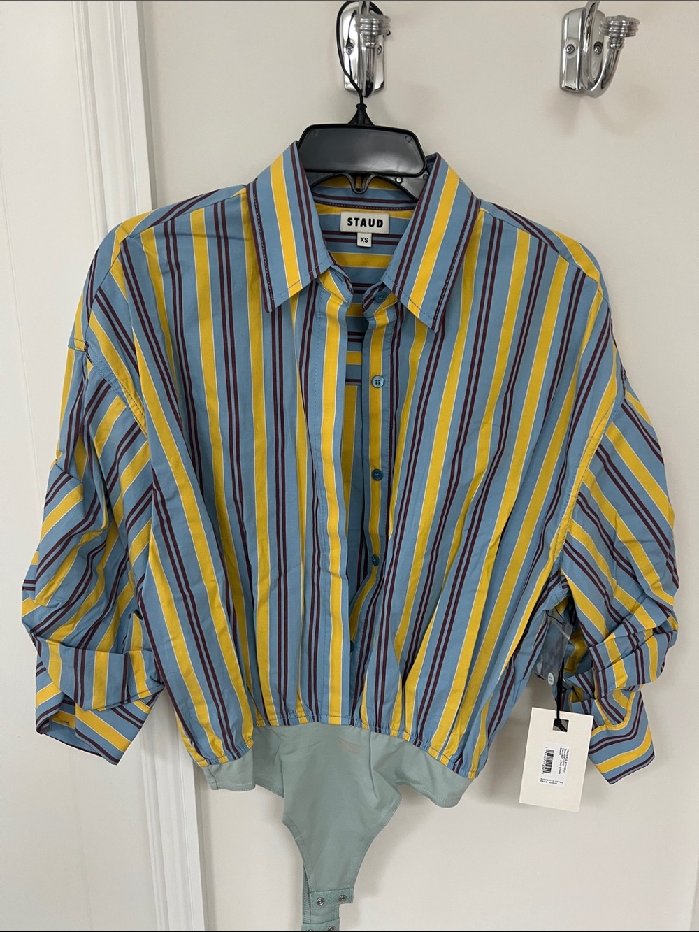 STAUD Striped Button-Down Bodysuit Shirt in Yellow & Blue